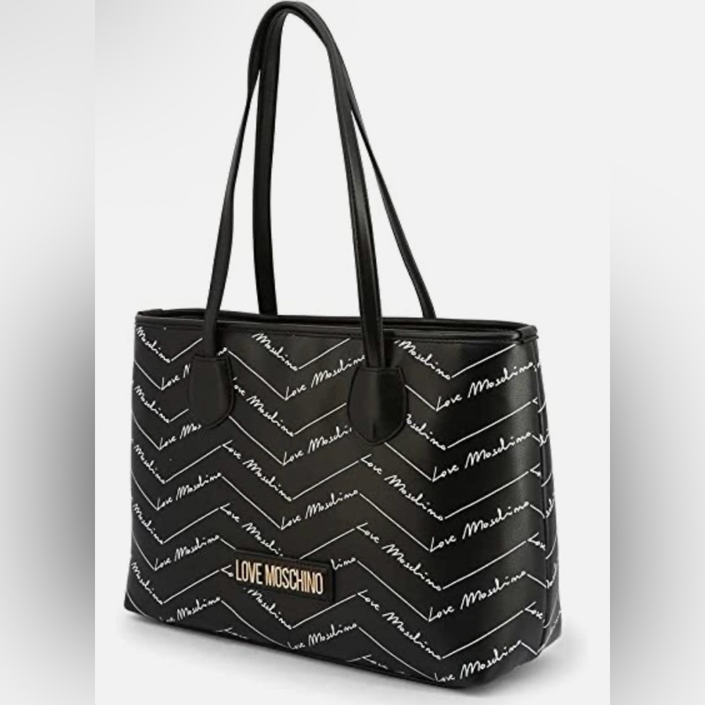 LOVE MOSCHINO Logo Romantic Shopper Shoulder Bag Black Logo w Gold Hardware EUC - Picture 3 of 17